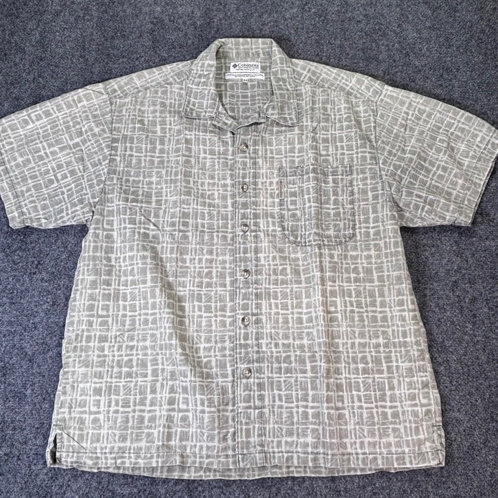Columbia Button Down Shirt Mens M Grey White Geometric Grid Cotton Short Sleeve